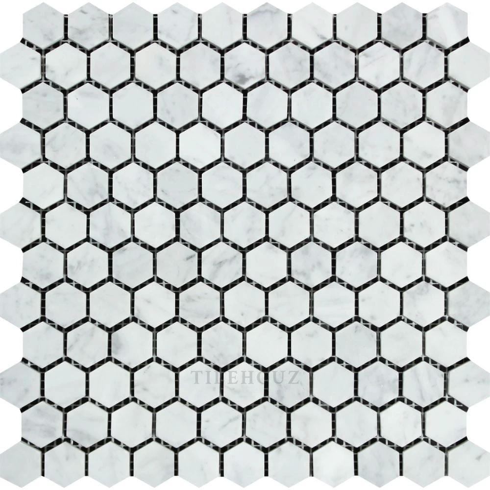 Carrara White Marble 1-inch hexagon mosaic tile by Tilehouz, polished & honed with black grout
