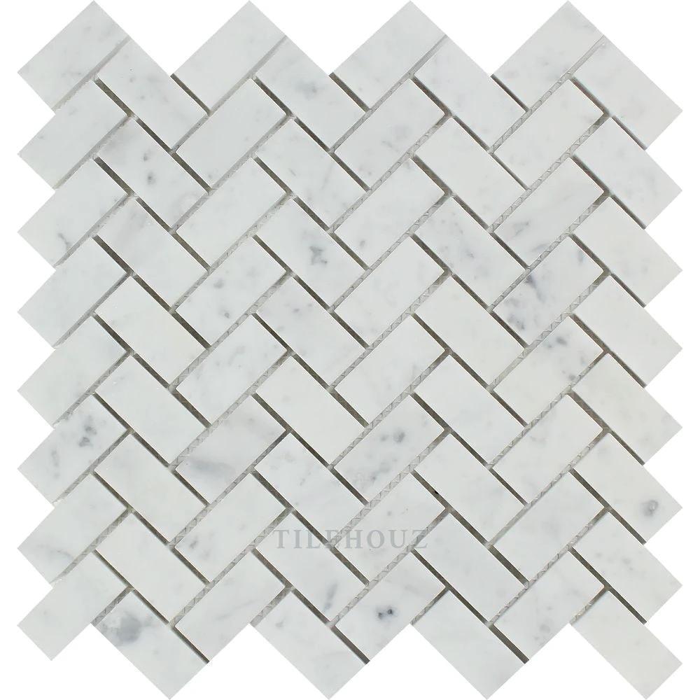 Carrara White Marble 1x2 Herringbone Mosaic Tile, polished and honed by Tilehouz