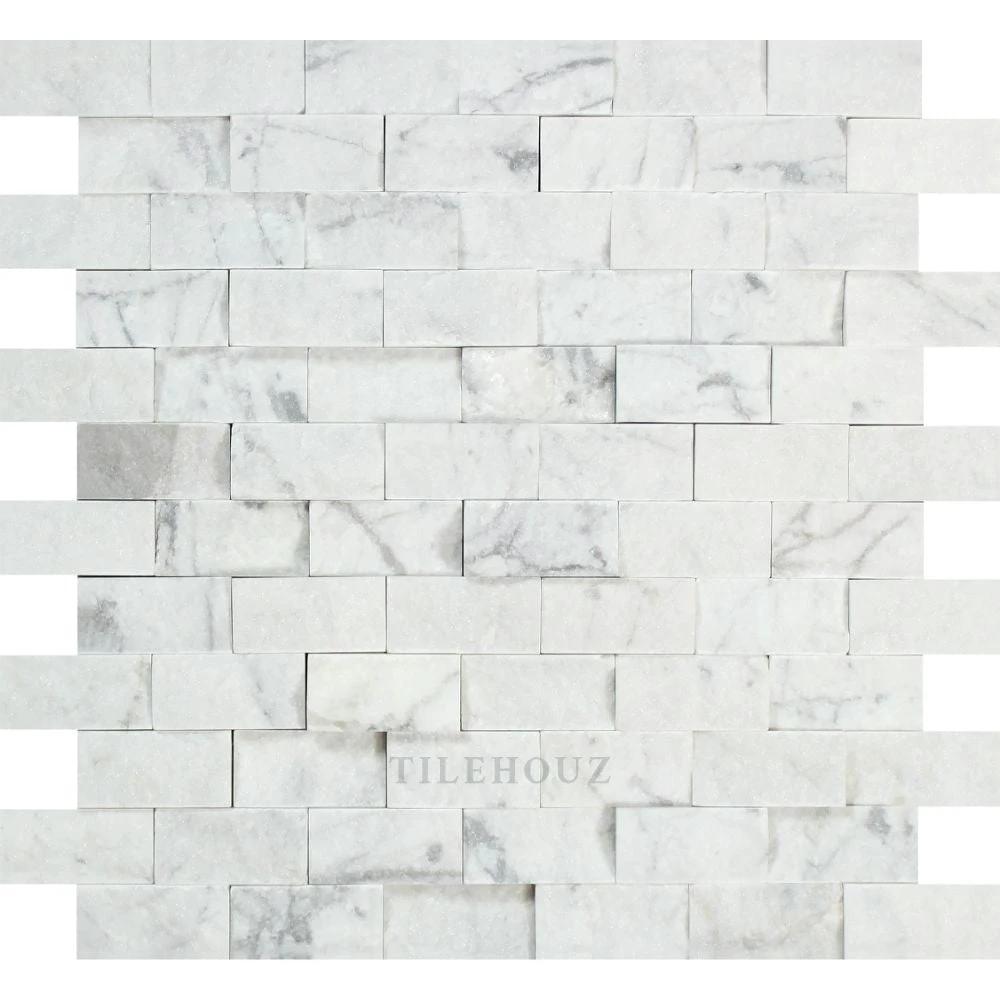 Tilehouz Carrara White Marble 1x2 Split-Faced Brick Mosaic Wall Tile