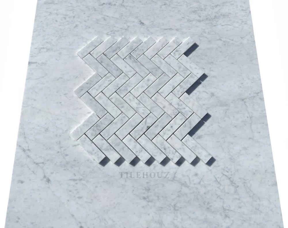 Carrara White Marble 1x3 Herringbone Mosaic sheet, polished & honed finish by Tilehouz
