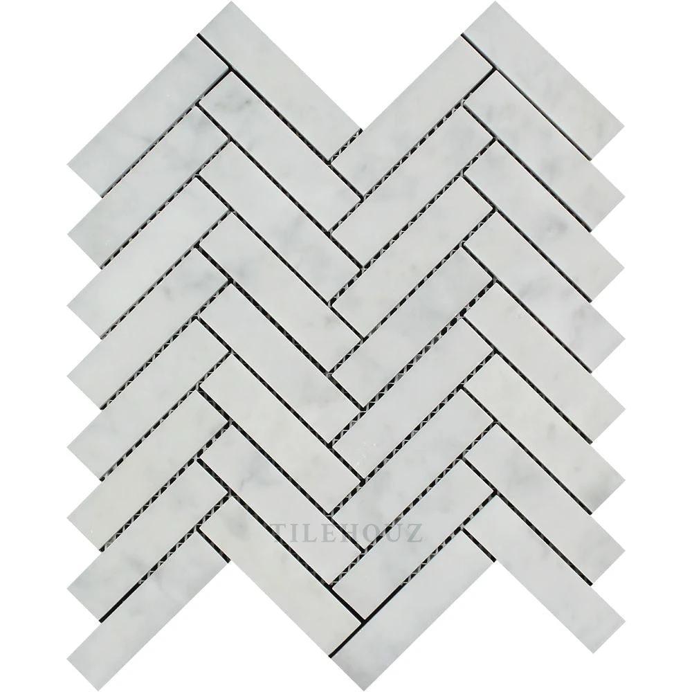 Carrara White Marble 1x4 Herringbone Mosaic Tile, polished & honed by Tilehouz