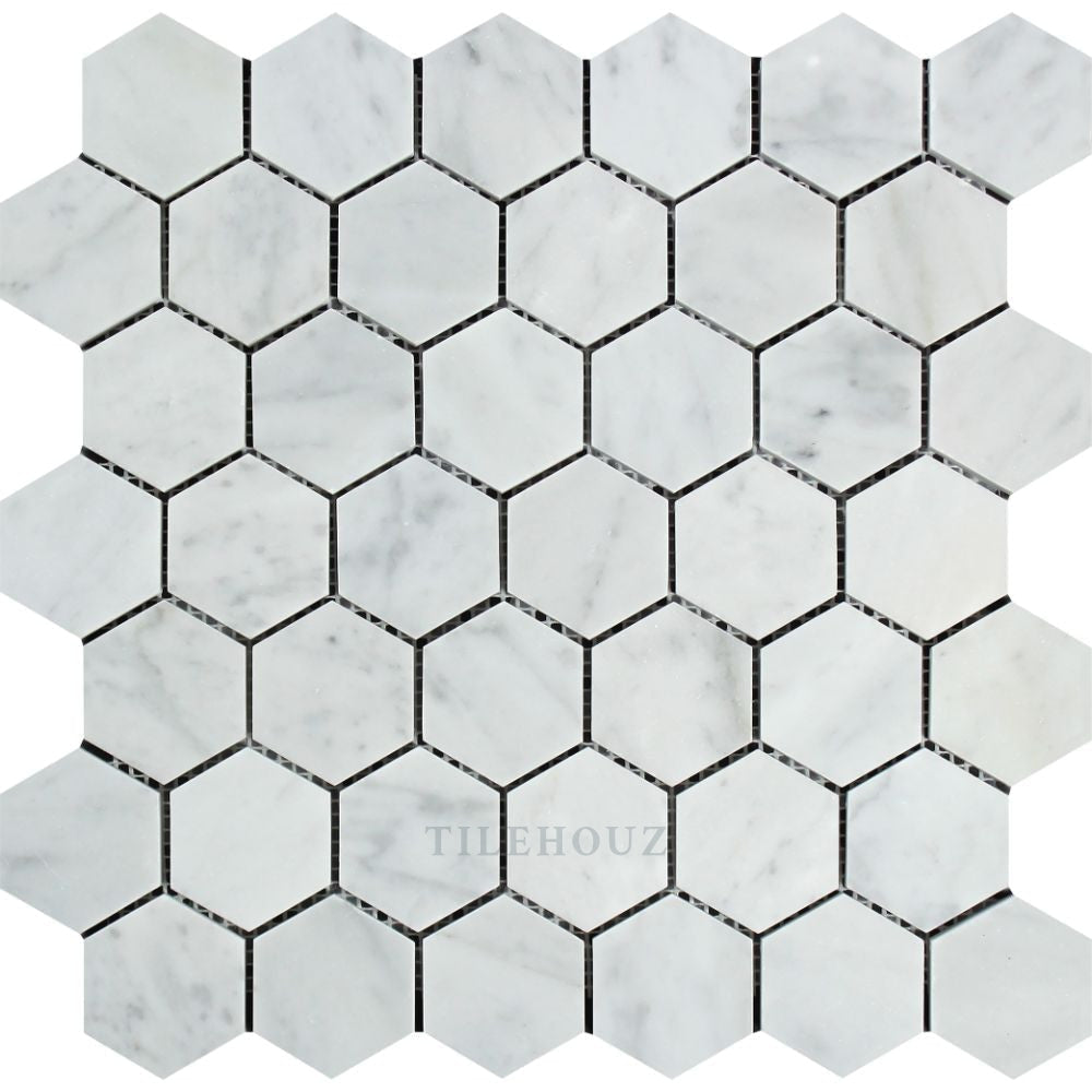 Carrara White Marble hexagon mosaic tile, 2in, polished and honed finish, Tilehouz