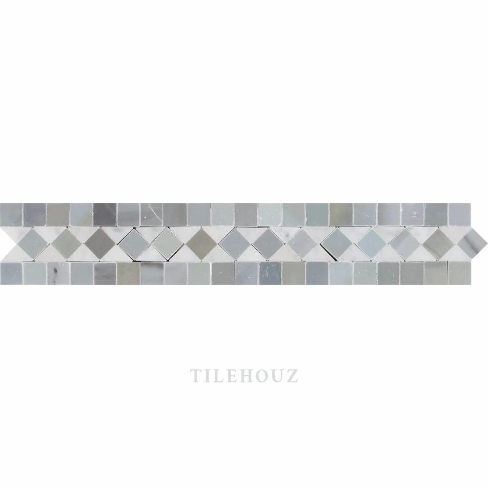 Carrara White Marble bias border strip 2x12 with Bardiglio blue-gray dots, polished and honed Tilehouz
