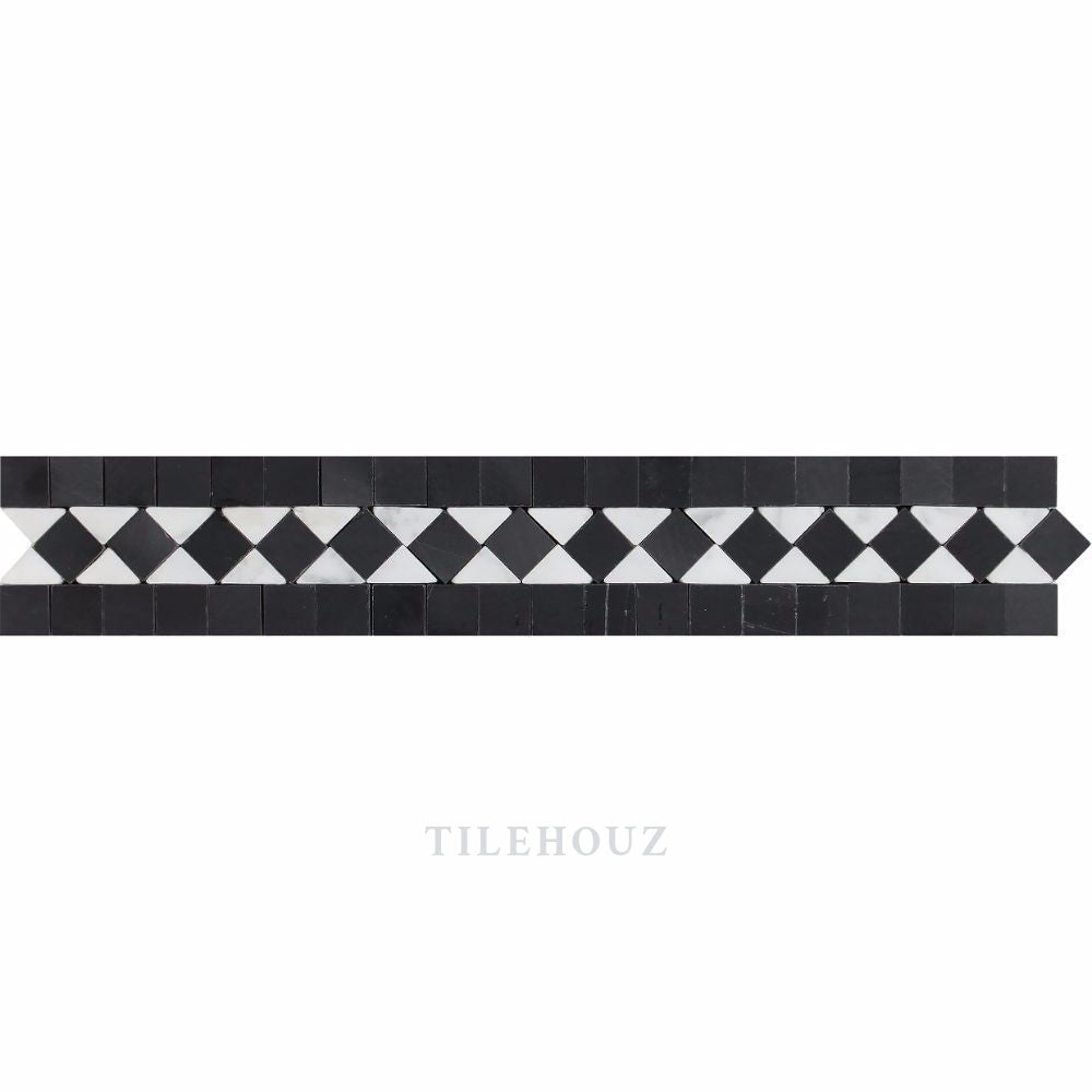 Tilehouz Carrara White Marble 2x12 Bias Border with Black Dots, polished and honed