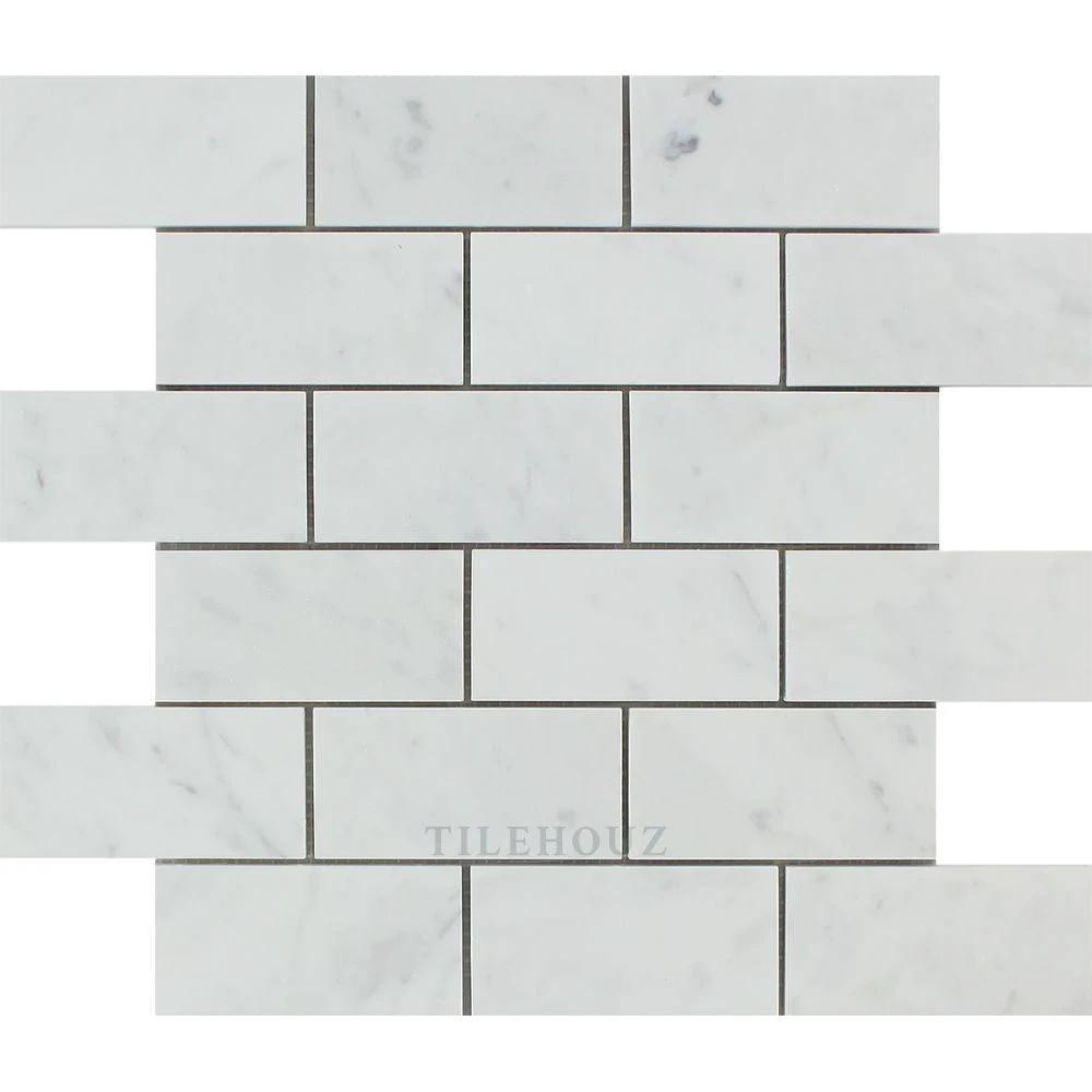 Carrara White Marble 2x4 Brick Mosaic Tile by Tilehouz; polished & honed
