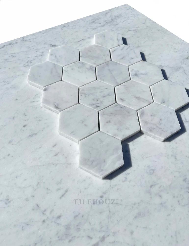 Carrara White Marble hexagon mosaic tile, 3-inch, polished &amp; honed finish by Tilehouz