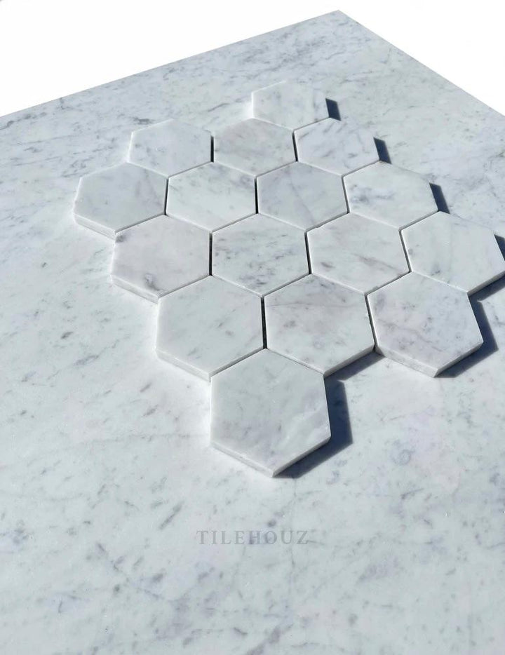 Carrara White Marble hexagon mosaic tile, 3-inch, polished &amp; honed finish by Tilehouz