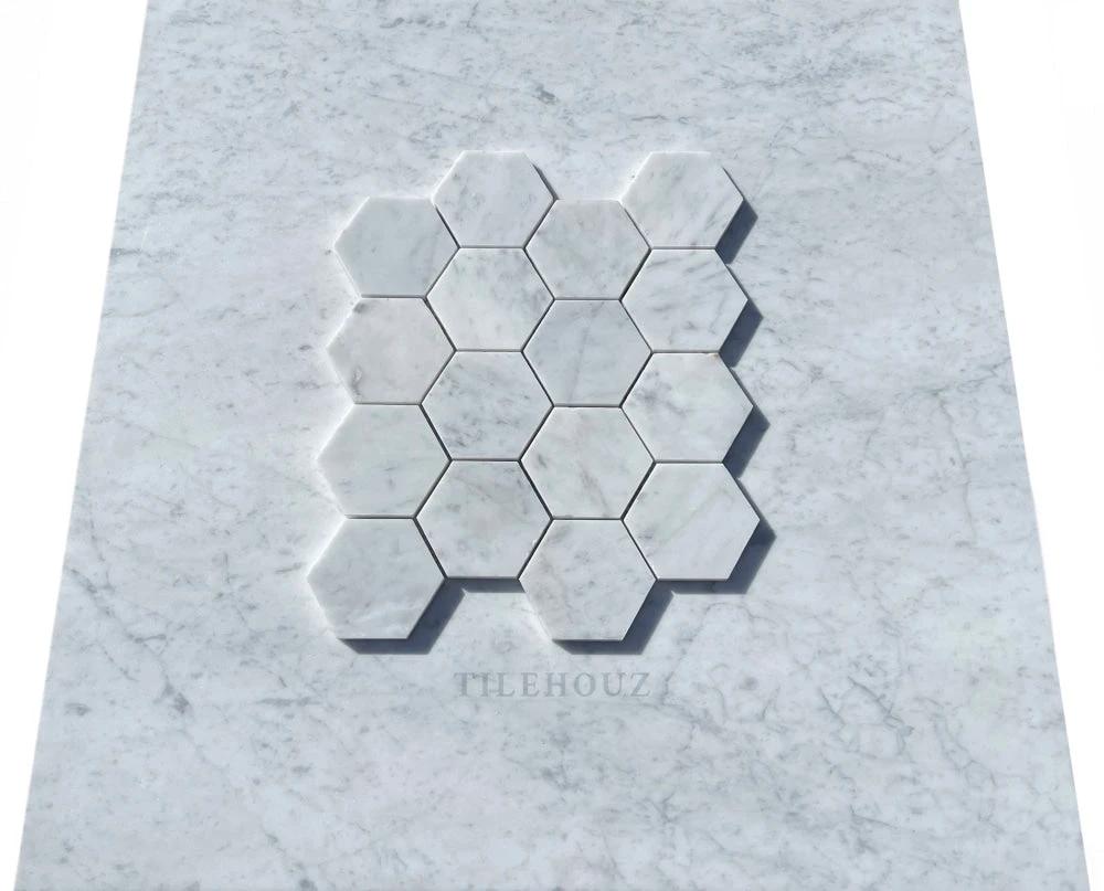 Carrara White Marble 3in hexagon mosaic tile sheet, polished &amp; honed finish, Tilehouz wall &amp; ceiling tile