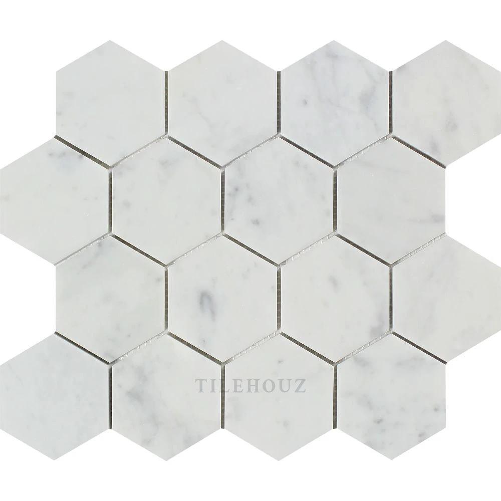Carrara white marble 3-inch hexagon mosaic tile sheet by Tilehouz, polished and honed finish.
