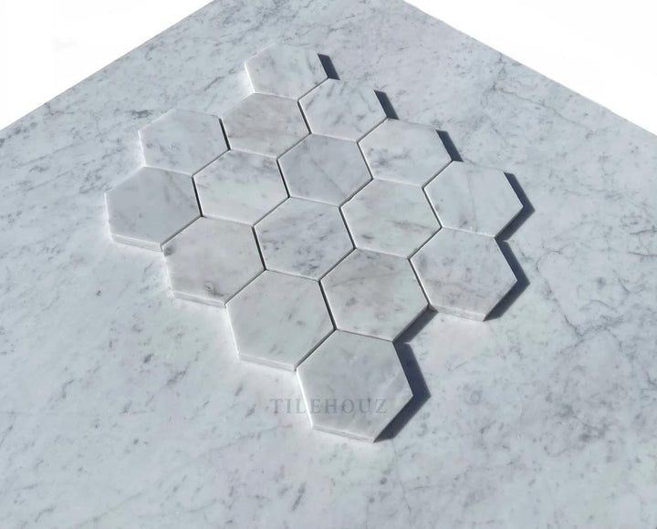 Tilehouz Carrara white marble hexagon mosaic tile sheet, 3-inch hexagons, polished and honed finish