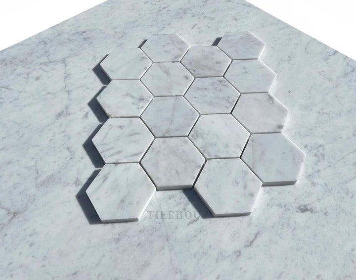 Tilehouz Carrara White Marble 3-inch hexagon mosaic sheet, polished and honed, wall and ceiling tile