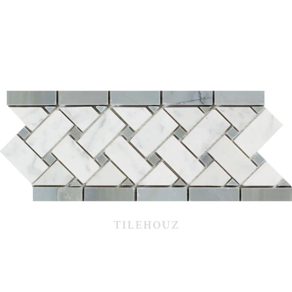 Marble mosaic tile: Carrara white basketweave border with Bardiglio blue-gray dots, polished & honed, Tilehouz