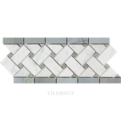 Carrara White Marble 4 3/4 X 12 Basketweave Border W/ Bardiglio/blue-Gray Dots Polished&honed Mosaic