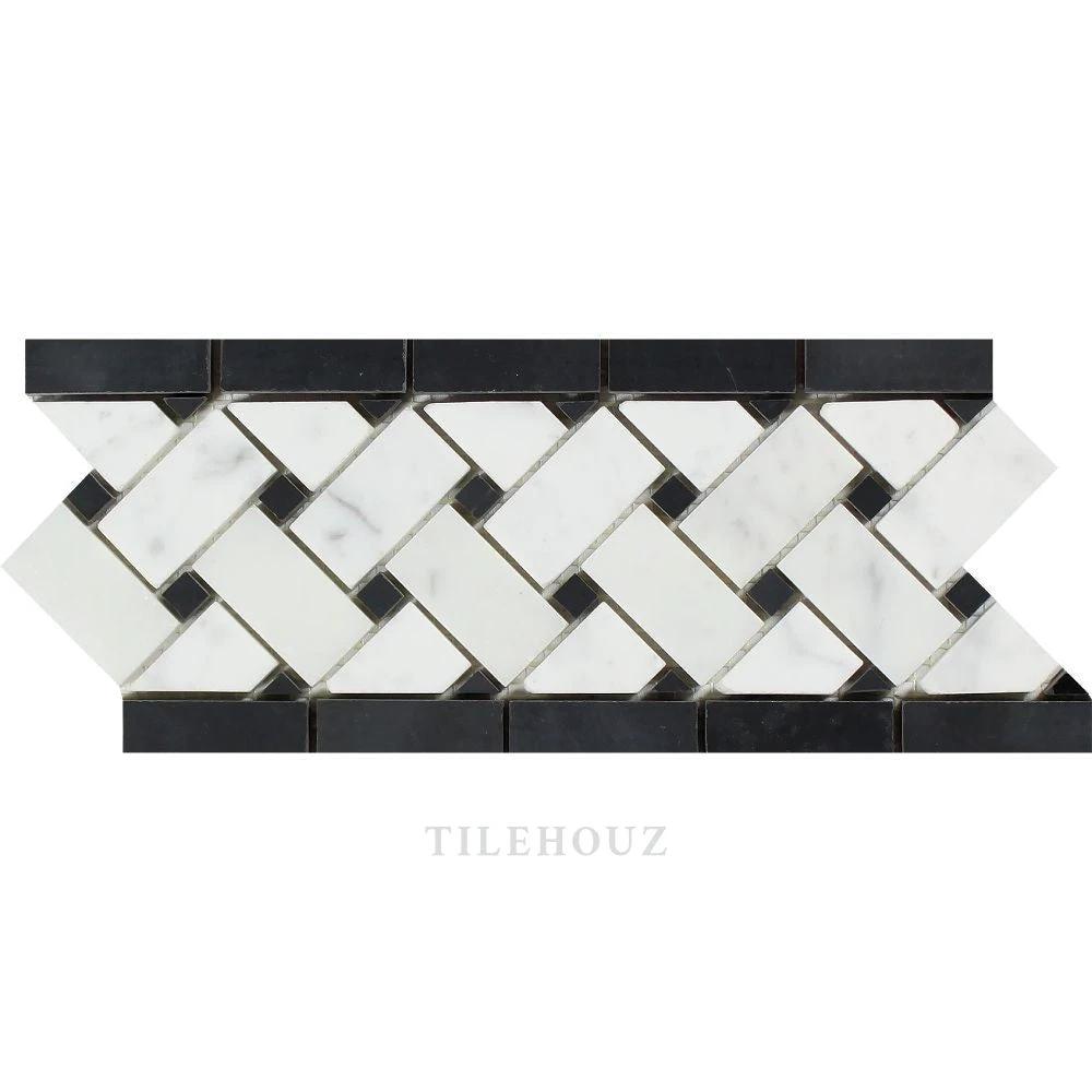 Carrara White Marble mosaic tile, 4 3/4 x 12 basketweave border with black dots, polished & honed finish, Tilehouz