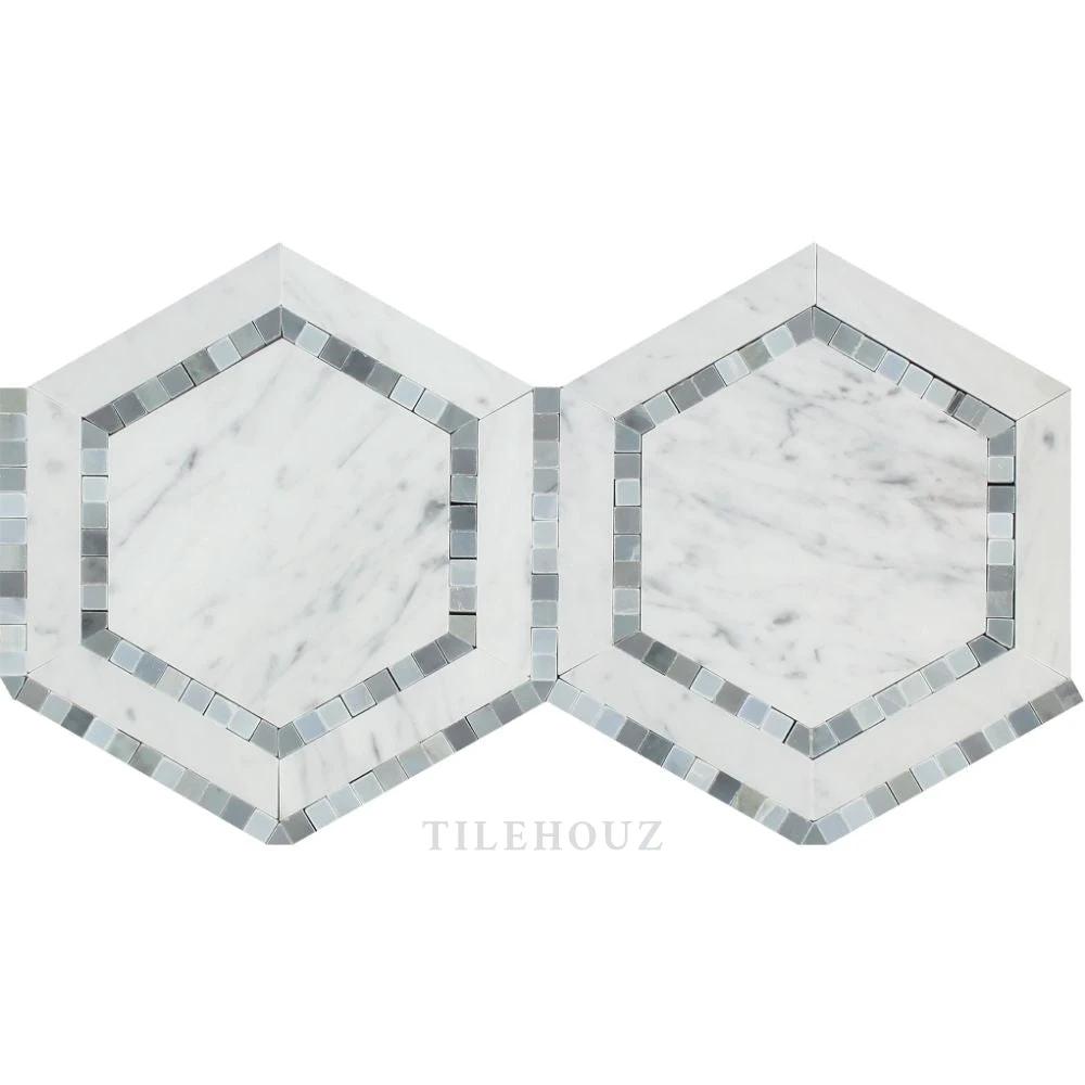 Carrara White Marble 5-inch Combo Hexagon Mosaic pair with Bardiglio dots, polished and honed, Tilehouz.