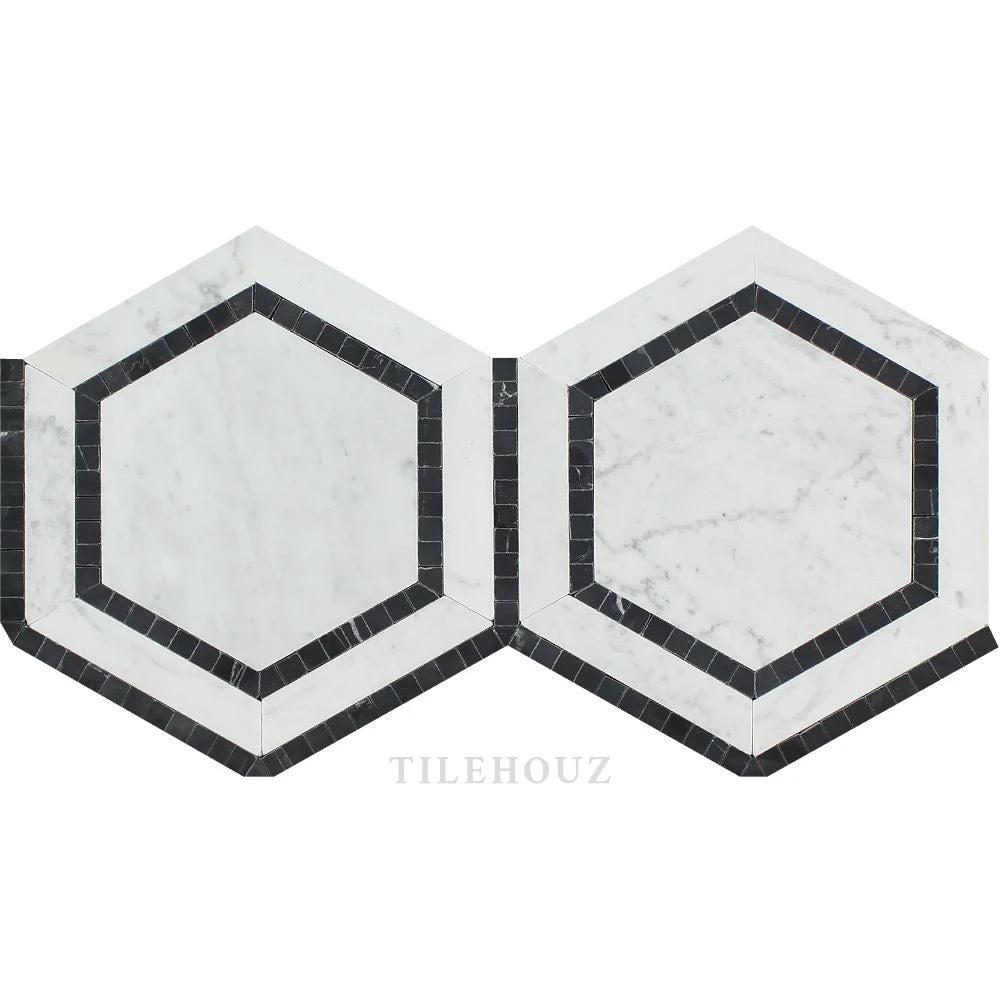 Pair of Carrara White Marble 5in hexagon mosaic tiles with black dots, polished & honed, by TileHouz
