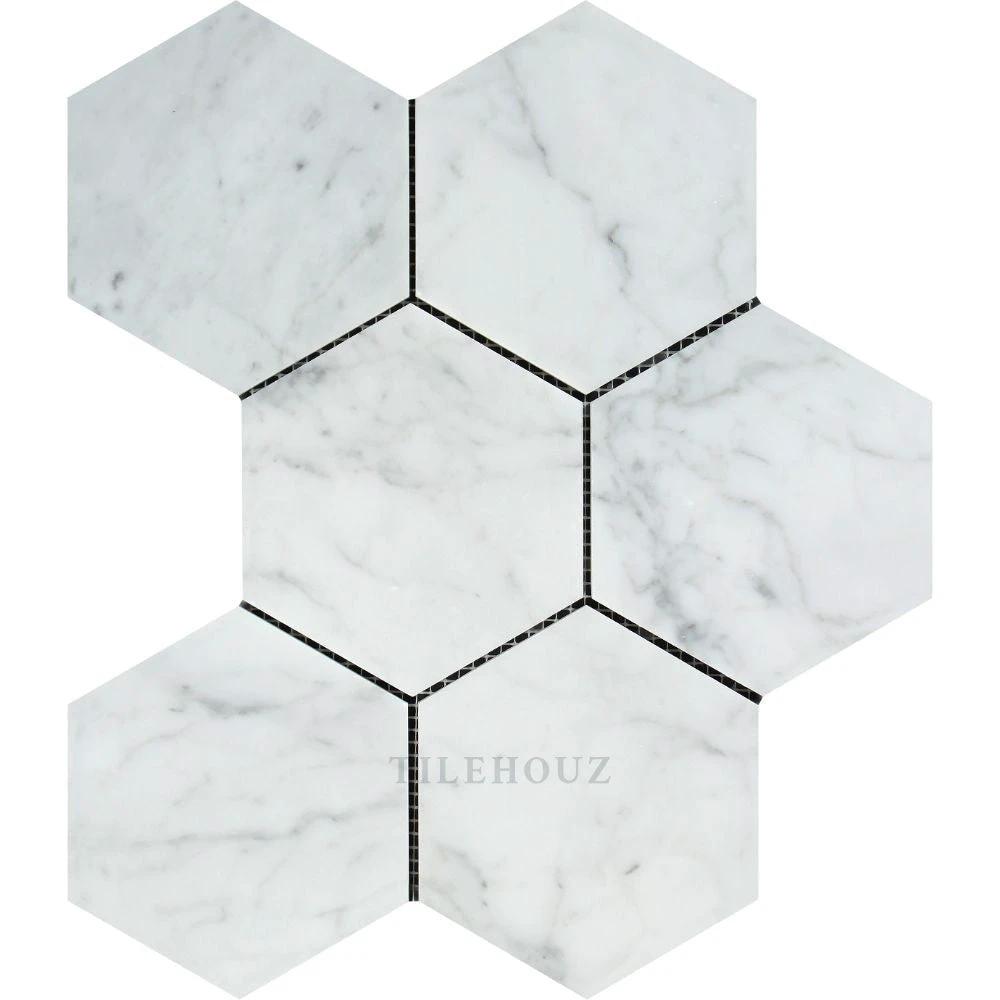 Carrara White Marble 5in hexagon mosaic tile, polished and honed, Tilehouz wall & ceiling tile