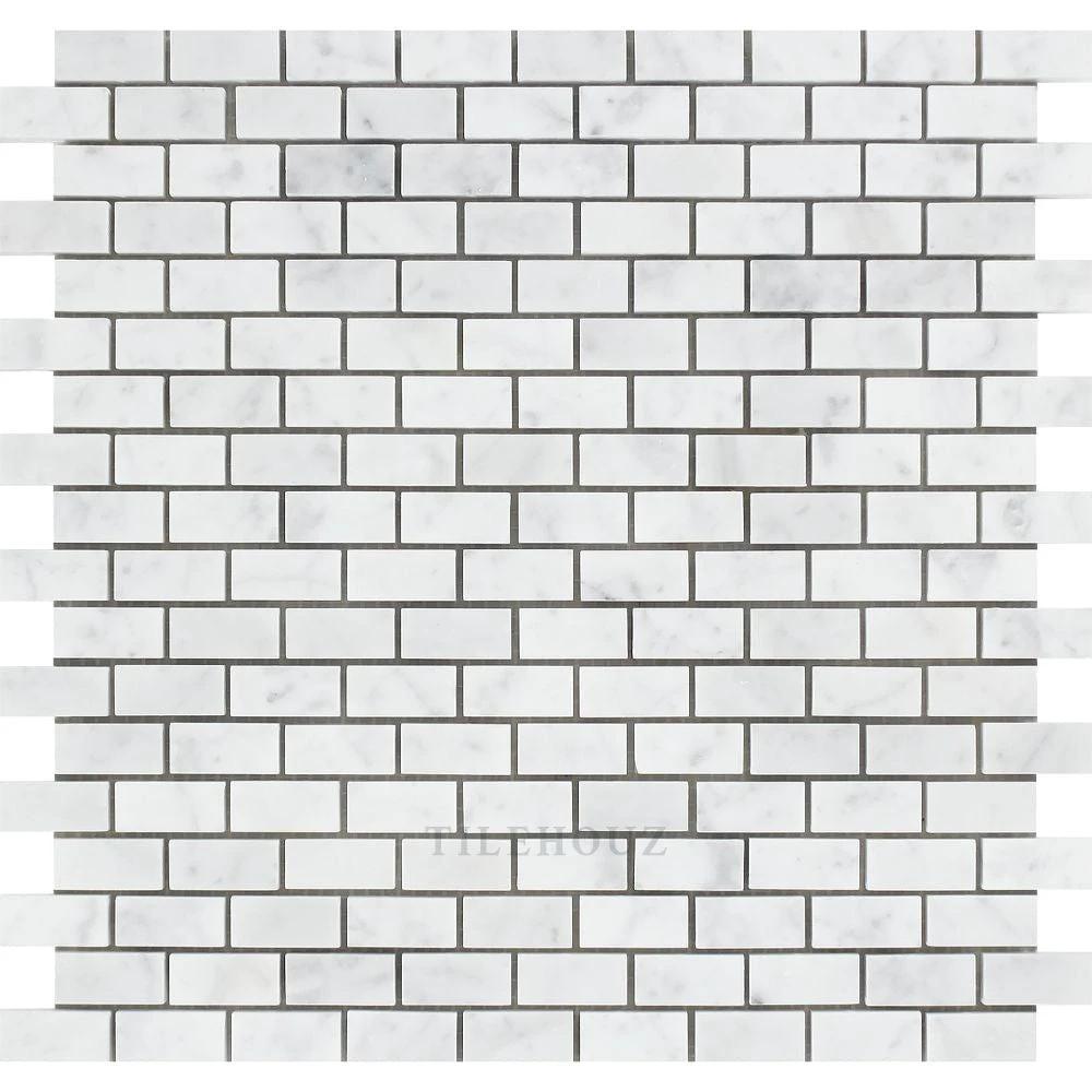 Carrara White Marble Baby Brick Mosaic Tile 5/8 x 1 1/4, white with gray veining, polished and honed, Tilehouz