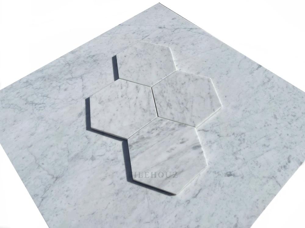 Tilehouz Carrara white marble 6-inch hexagon mosaic, polished and honed, wall &amp; ceiling tile