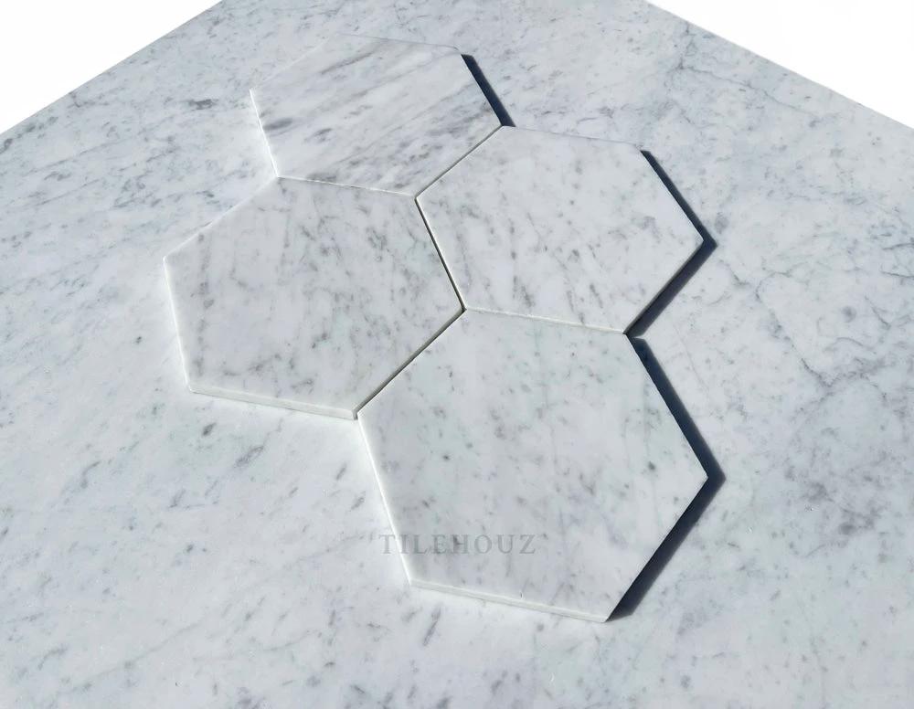 Carrara White Marble 6-inch hexagon mosaic tile by TileHouz, polished &amp; honed, 5 tiles shown