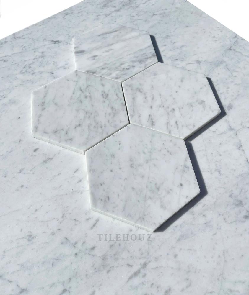 Carrara White Marble 6in hexagon mosaic tile, polished and honed, Tilehouz wall &amp; ceiling tile