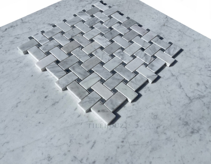 Carrara White Premium Italian Marble Basketweave Mosaic Tile (W/ Bardiglio/Blue-Gray Dots)