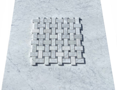 Carrara White Premium Italian Marble Basketweave Mosaic Tile (W/ Bardiglio/Blue-Gray Dots)