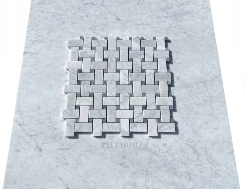 Carrara White Premium Italian Marble Basketweave Mosaic Tile (W/ Bardiglio/Blue-Gray Dots)