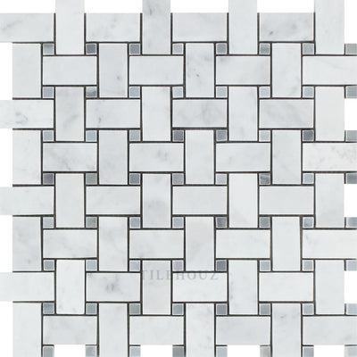 Carrara White Marble Basketweave Mosaic Tile (W/ Bardiglio/blue-Gray Dots) Polished&honed Tiles