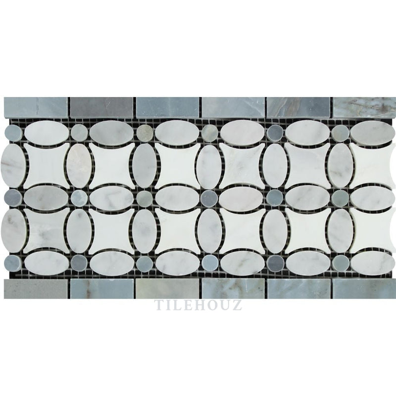 Carrara White Marble Florida Flower Border (Thassos + (Oval) Bardiglio/blue-Gray (Dots))