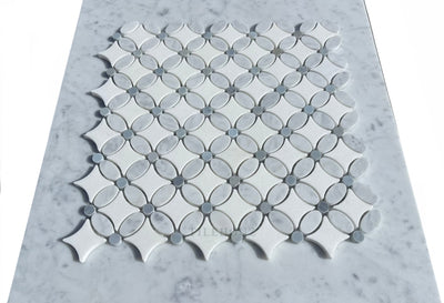 Florita Flower Mosaic Tile (Thassos + Carrara (Oval) Bardiglio Blue Dots) Polished&Honed Wall &