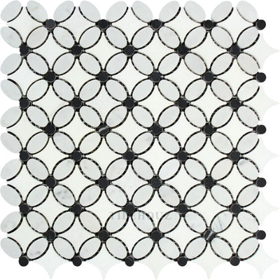 Carrara White Marble Florida Flower Mosaic Tile (Thassos + (Oval) Black (Dots)) Polished&honed Tiles