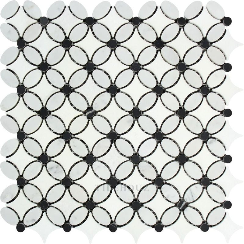 Carrara White Marble Florida Flower Mosaic Tile (Thassos + (Oval) Black (Dots)) Polished&honed Tiles