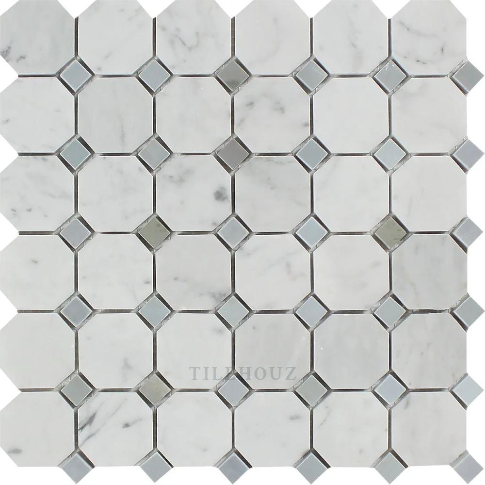 Carrara white marble octagon mosaic tile with bardiglio blue-gray dot accents; polished & honed by Tilehouz