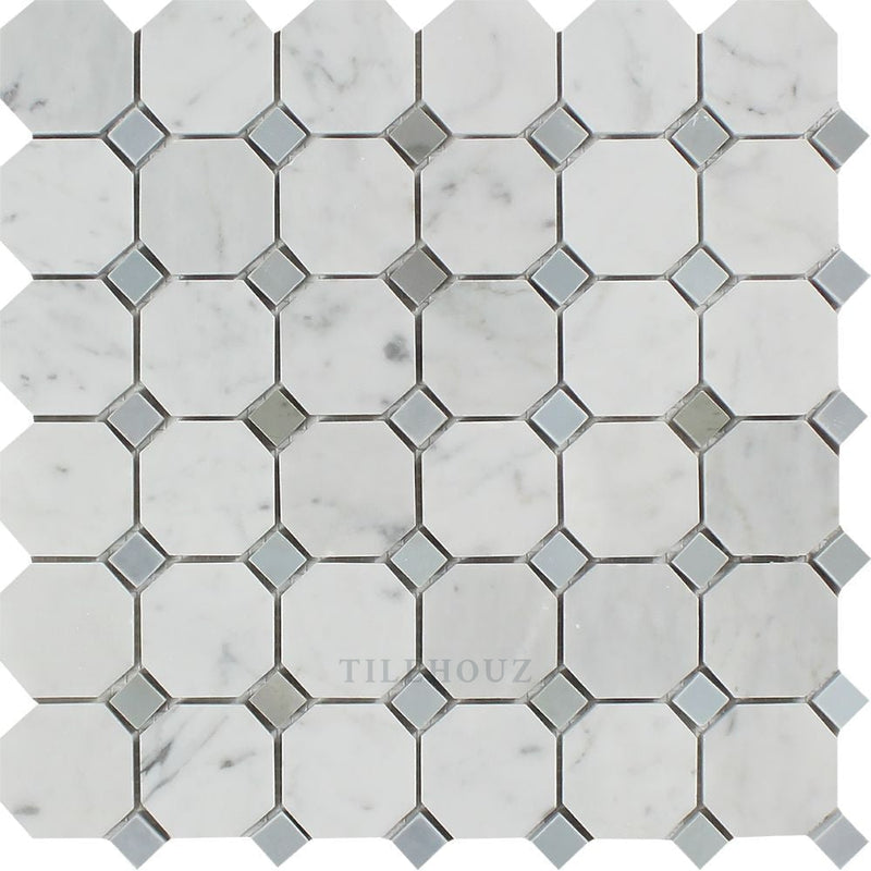 Carrara White Marble Octagon Mosaic Tile (W/ Bardiglio/blue-Gray Dots) Polished&honed Tiles