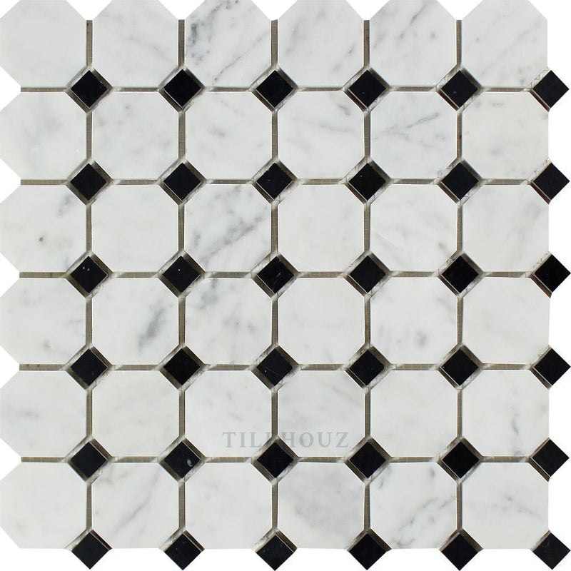 Carrara White Marble Octagon Mosaic Tile (W/ Black Dots) Polished&honed Tiles