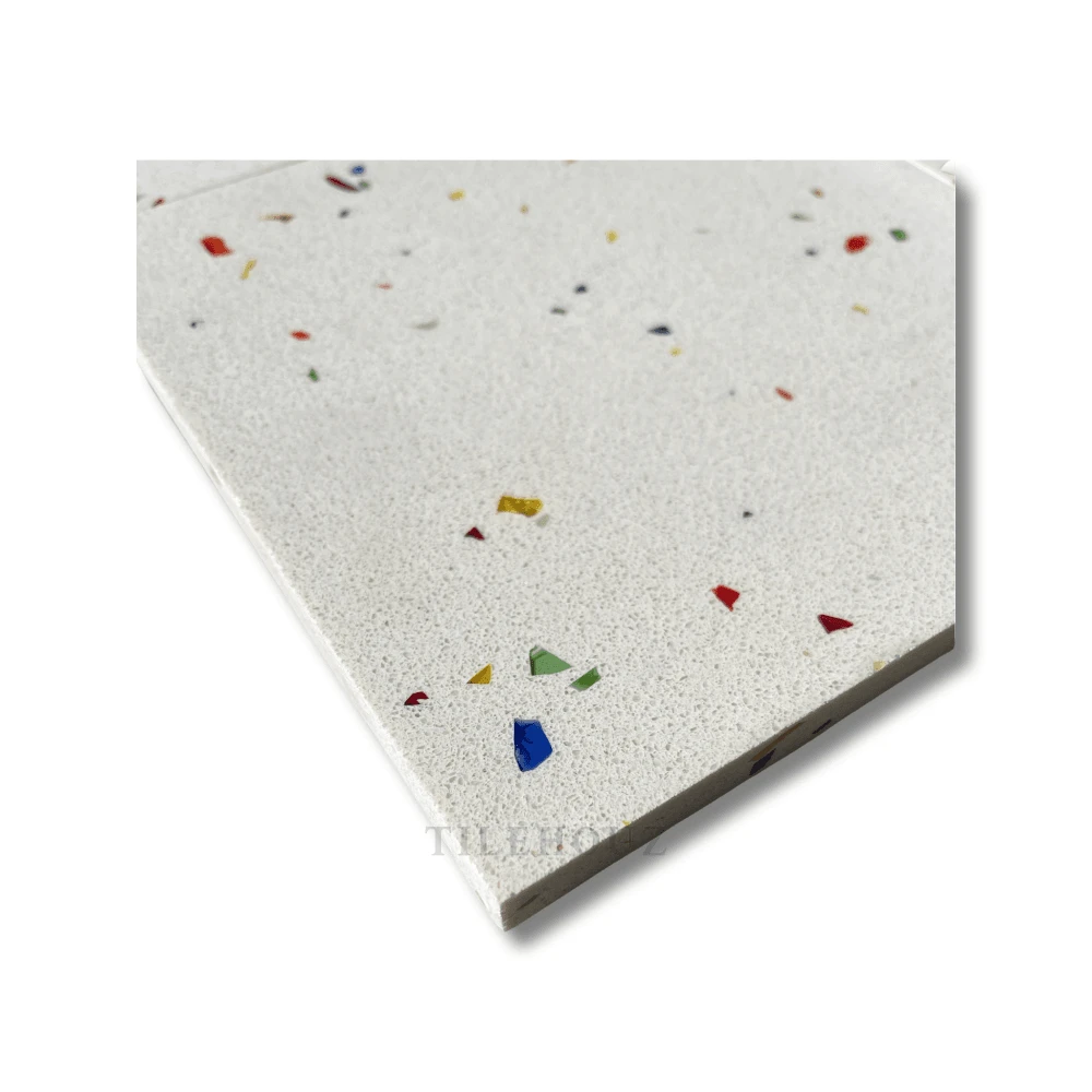 Quartz tile Conran 24x24 polished wall tile with white base and multicolor speckles by Tilehouz