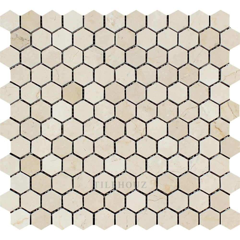 Crema Marfil 1-inch hexagon marble mosaic tile, polished & honed finish, Tilehouz wall tile.
