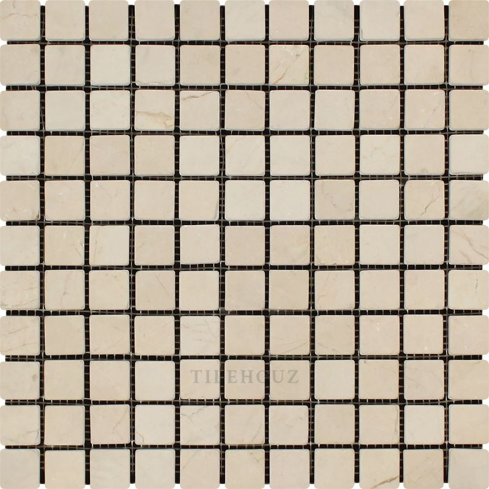 Crema Marfil 1x1 tumbled marble mosaic tile sheet by Tilehouz