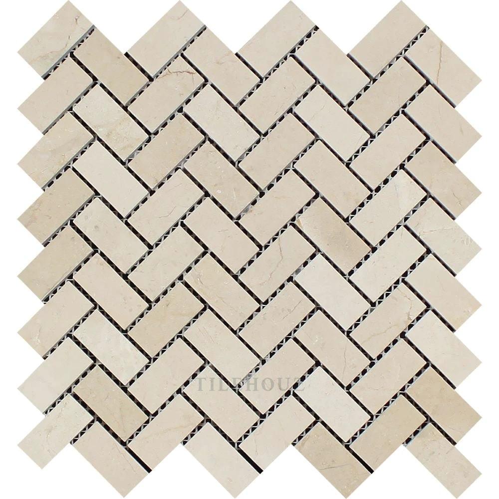 Crema Marfil 1x2 herringbone marble mosaic tile, polished & honed finish, wall tile by Tilehouz