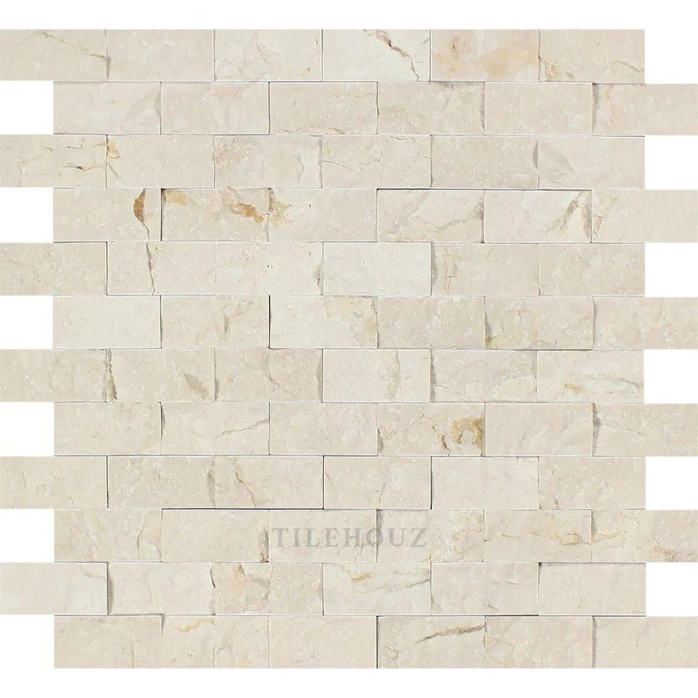 Crema Marfil 1x2 split-faced marble brick mosaic tile, beige marble with subtle veining, Tilehouz wall tile