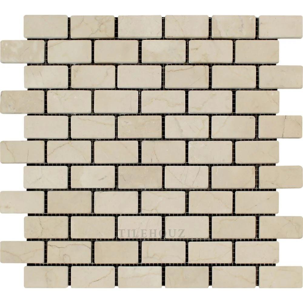 Crema Marfil 1x2 tumbled marble brick mosaic tile by Tilehouz, beige wall tile