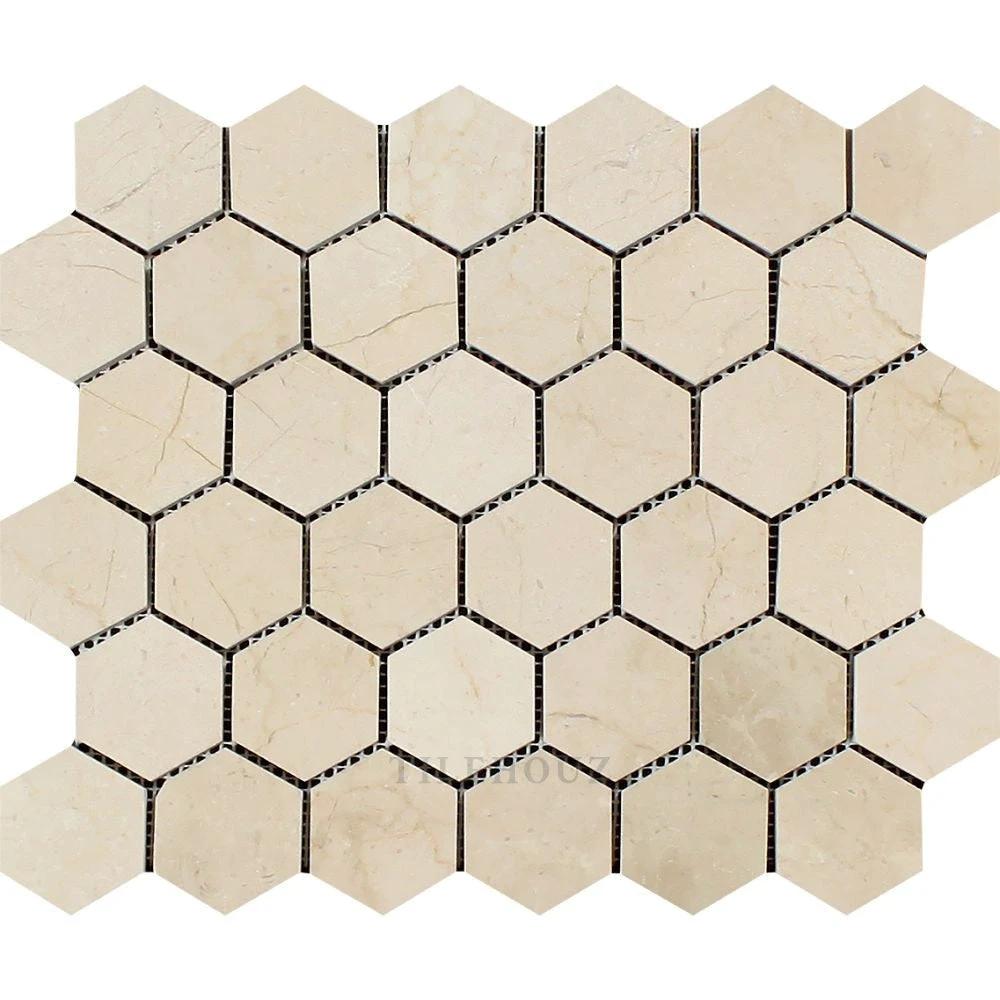 Crema Marfil 2-inch hexagon marble mosaic tile, polished and honed, Tilehouz