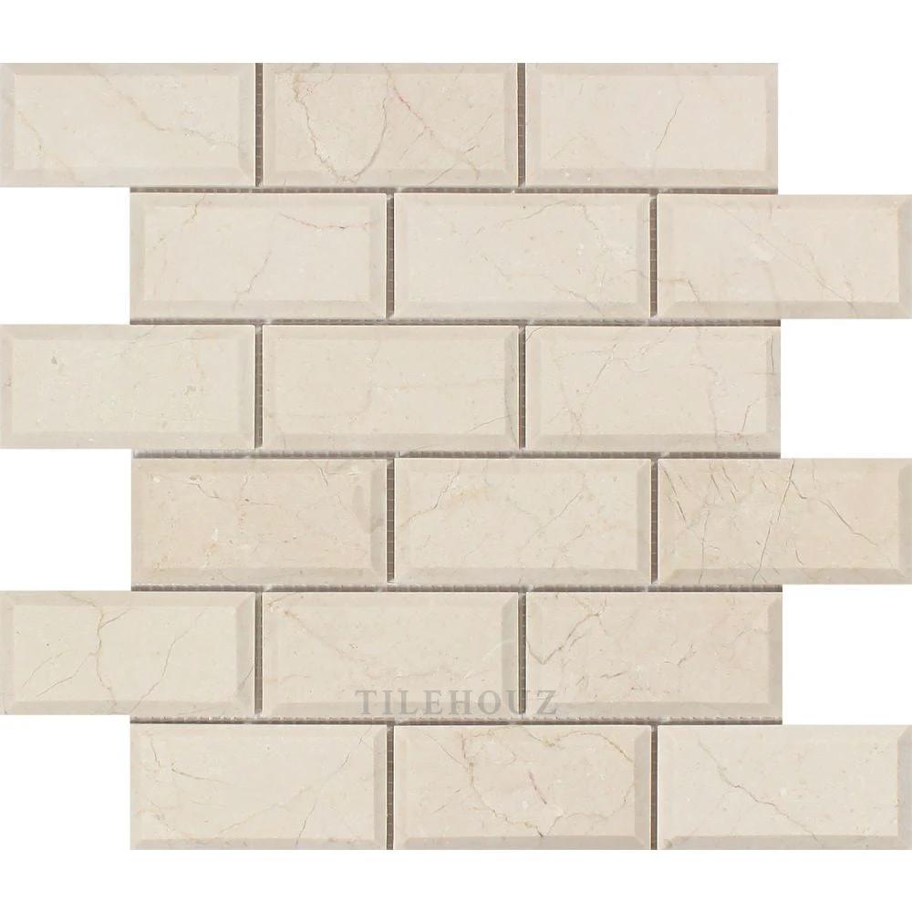 Crema Marfil 2x4 Marble Deep-Beveled Brick Mosaic Tile by Tilehouz, polished & honed finish