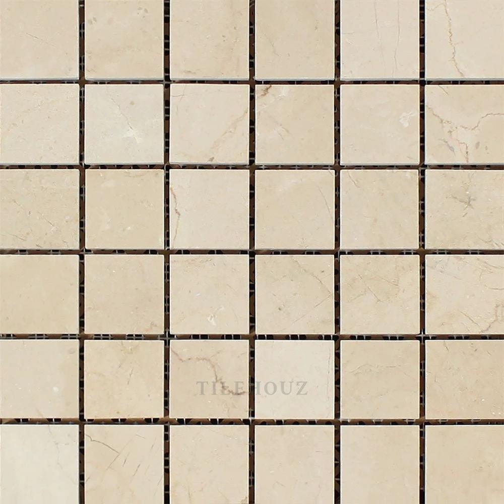 Crema Marfil 2x2 square marble mosaic tile, polished & honed finish, Tilehouz brand