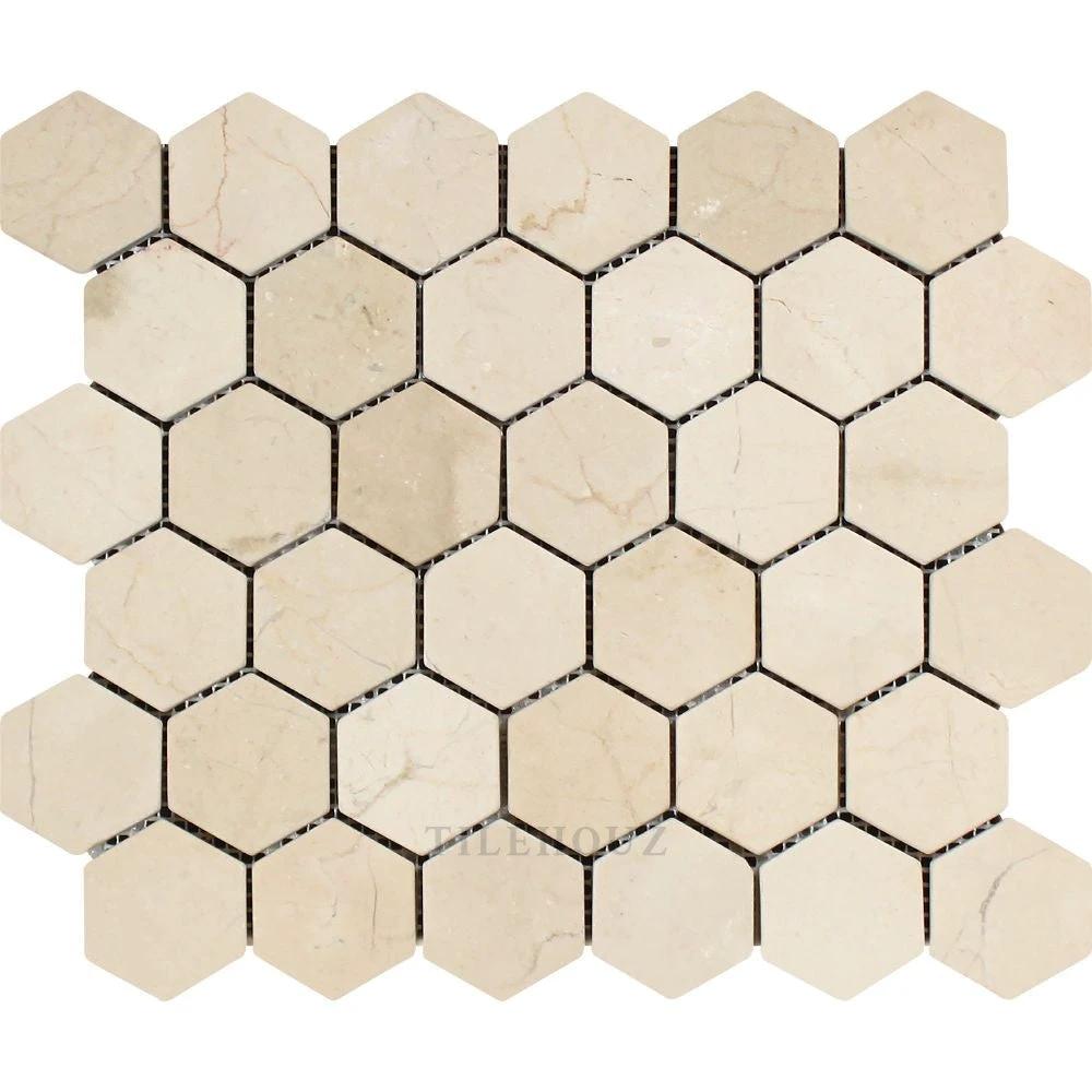 Tilehouz Crema Marfil marble hexagon mosaic tile sheet, 2x2, tumbled finish, wall tile