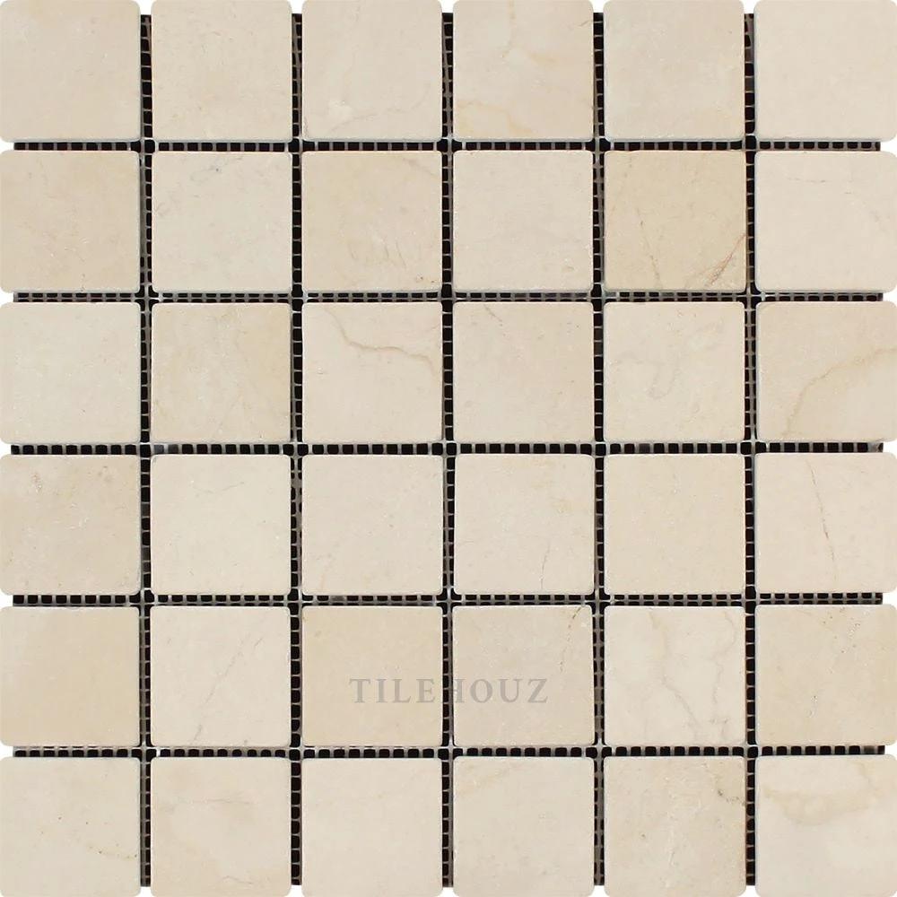 Crema Marfil 2x2 tumbled marble mosaic tile sheet by Tilehouz, beige wall tile