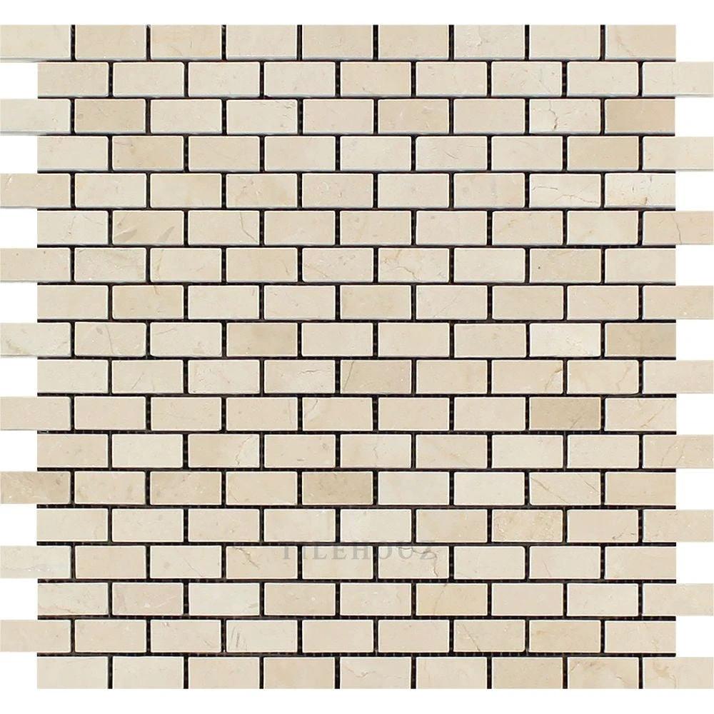 Crema Marfil marble baby brick mosaic tile by Tilehouz, beige 5/8 x 1 1/4, polished & honed