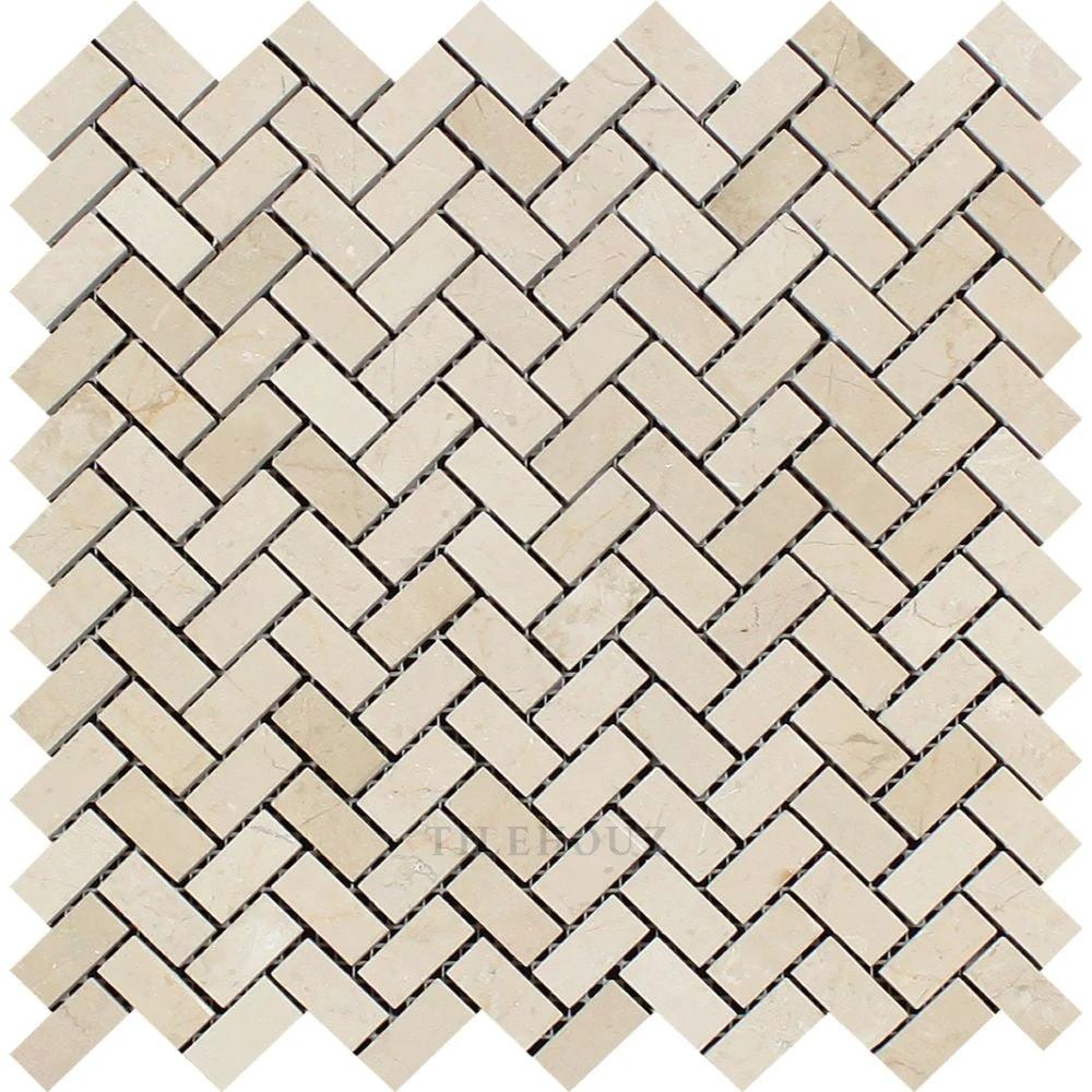 Crema Marfil mini herringbone marble mosaic tile sheet, 5/8 in x 1¼ in, polished & honed by Tilehouz