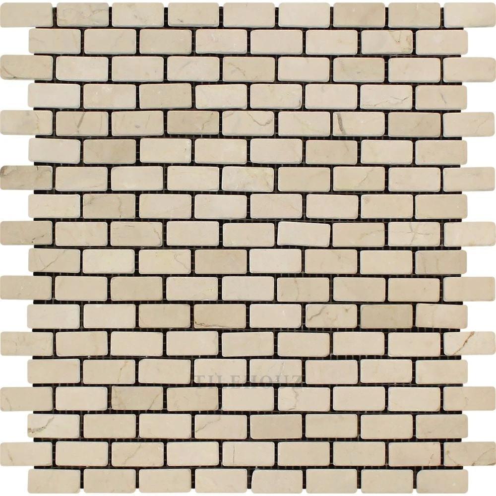 Crema Marfil marble baby-brick mosaic tile sheet, 5/8 x 1 1/4, tumbled finish, Tilehouz wall tile